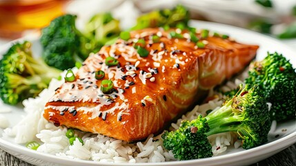 Wall Mural - Baked hot honey glazed salmon fillet with rice and broccoli, a nutritious dinner option