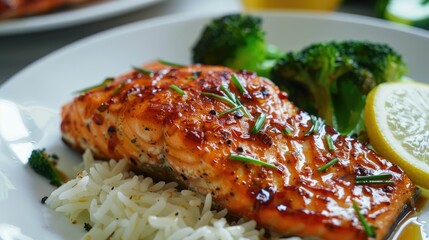 Wall Mural - Baked hot honey salmon accompanied by rice and broccoli, a healthy homemade meal