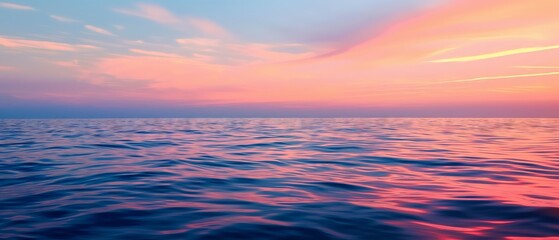 Wall Mural - Sunset at sea: Orange-pink hues of the sunset, fading into the deep blue of the water and sky