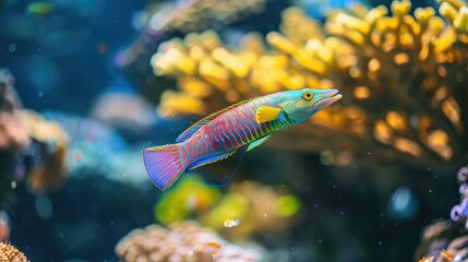 Wall Mural - Colorful wrasse darting between corals in a pristine underwater setting