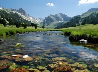 Sticker - clear mountain river flowing through a valley with green meadows and rocky mountains in the background