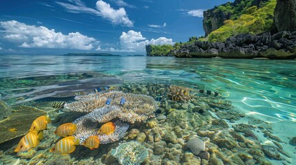 Crystal-clear lagoon with a sandy bottom, showcasing colorful fish and coral formations