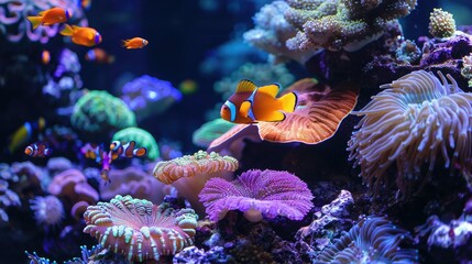 Exotic reef fish swimming through the complex structures of a vibrant coral ecosystem