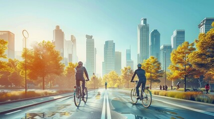 An image of city commuting by bicycle. Bicycle lanes and tall buildings in the background. Men and women riding bicycles represent an eco-friendly lifestyle