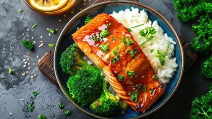 Wall Mural - Homemade healthy meal of baked hot honey glazed salmon with rice and fresh broccoli