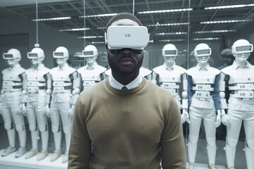 Poster - Man Using VR Headset in Futuristic Exhibition Hall with Robots