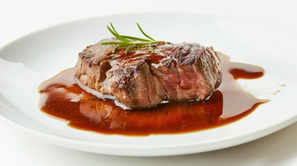 Wall Mural - Perfectly cooked beef steak with sauce on a white plate, isolated on white