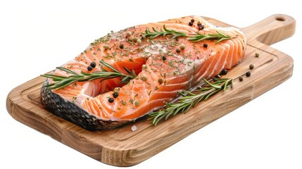 Wall Mural - Raw salmon steak seasoned with herbs and spices on a cutting board, isolated view