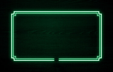 Wall Mural - Dark wood wall background, green neon light and rectangle shape