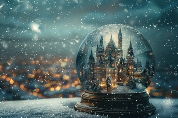 Wall Mural - Fantasy city with nature elements in a snow globe. centered to image