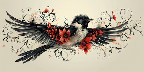 Tattoo design of an elegant bird with wings spread wide