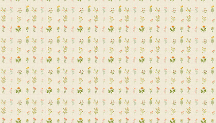 Wall Mural - A pattern backgeound that features small flowers in square grid in pastel colors on cream linen fabric, Each grid contains one flower from various varieties