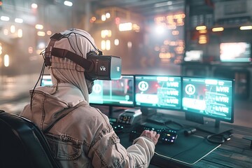 Sticker - Person in a tactical outfit using a VR headset in a high tech control room with multiple displays and holographic interfaces