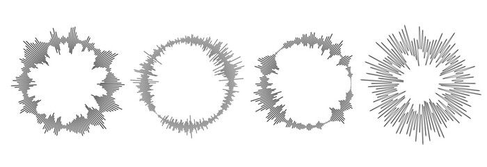Poster - Radial sound wave ray pattern set. Circle sun burst beams bundle. Circular audio, music or voice icon collection. Round equalizer spectrum symbol pack. Vector black wavy soundwave center elements