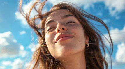 Poster - A woman with long hair is smiling and looking up at the sky. Generate AI image