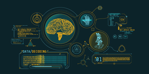 Wall Mural - brain research futuristic interface screen with data decoding.