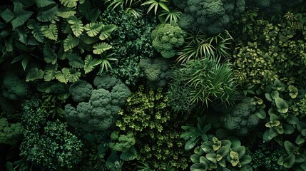 A lush green forest with many plants including broccoli. Generate AI image