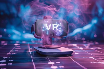 Poster - VR headset floating in a cybernetic space, highlighting the futuristic design and virtual reality capabilities against a neon backdrop