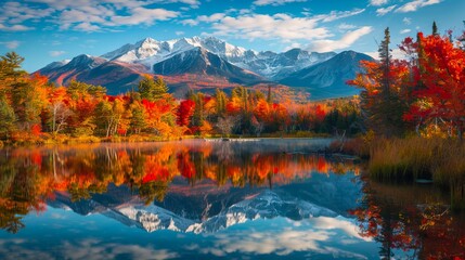 A lake with mountains and trees in the fall.