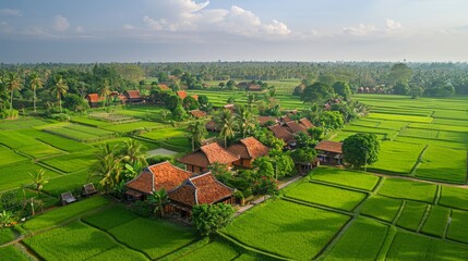 Wall Mural - Village View with Green Rice Fields