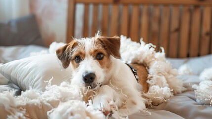 
A dog is ripping the stuffing out of a pillow.