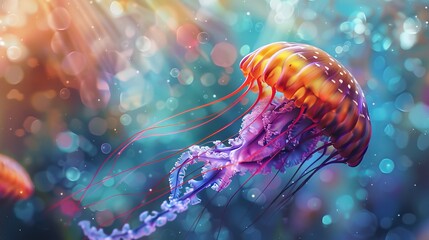 Brightly colored jellyfish underwater with bokeh background, surreal marine scene. Aquatic life concept