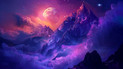 Wall Mural - Amethyst Peaks: A Captivating Winter Wonderland of Majestic Mountains Shrouded in a Regal Purple Hue. Seamless looping time-lapse virtual 4k video animation