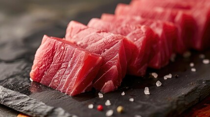 Wall Mural - Closeup of fresh thick cut tuna steaks ready for grilling or barbecuing arranged on a dark stony background  The tuna showcases its vibrant red color and dense meaty texture