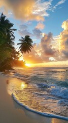 Poster - tropical beach with palm trees and ocean view at sunset