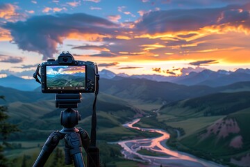 camera capturing sunset shot. photography using on tripod against sun rays with mountain in beautifu