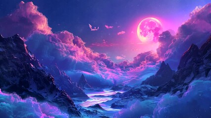 Wall Mural - Lavender Horizons: A Breathtaking Winterscape of Towering Mountains Embraced by a Stunning Purple Palette. Seamless looping time-lapse virtual 4k video animation