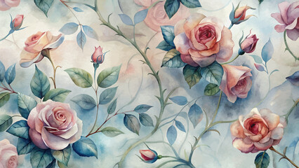 Wall Mural - Graceful rose tree pattern watercolor background