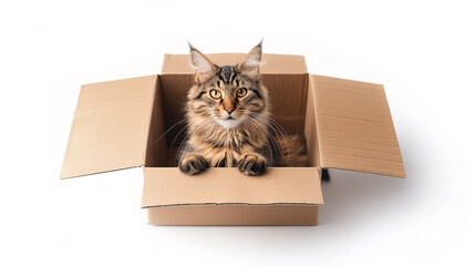 Canvas Print - A fluffy Maine Coon cat sitting inside a cardboard box, isolated on a white background