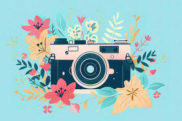 Wall Mural - Retro camera in flowers and plants. Hand drawn photo camera.