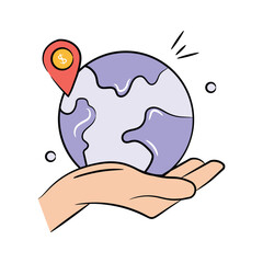 Wall Mural - World globe on hand with placeholder denoting concept icon of business location