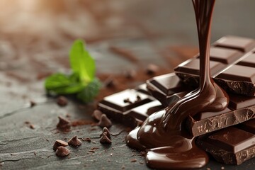melted chocolate pouring into a piece of chocolate bars with green mint leaf on a table. copy space, Generative ai