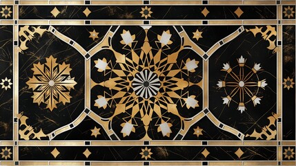 Wall Mural - A close-up view of a black marble floor with gold and white geometric patterns