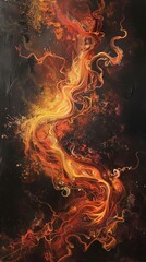 Wall Mural - Abstract fiery flame on a dark background, digital art. Fluid swirling fire concept.