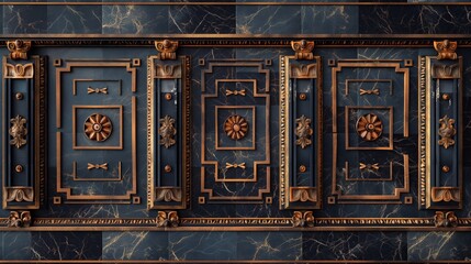 Poster - Close-up of a decorative ceiling with gold trim and black marble panels