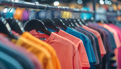 a rows of men's t-shirts on hangers