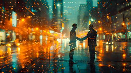 Two business professionals shaking hands in a rainy, glowing cityscape at night. Bright lights reflecting on wet streets.