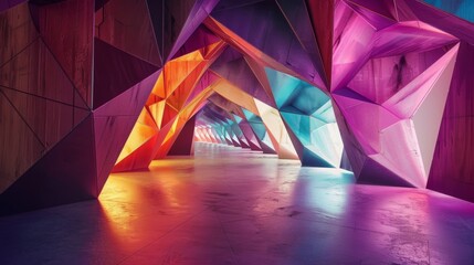 A celebration of geometry and color with polyhedra in every shade imaginable tered throughout the space.