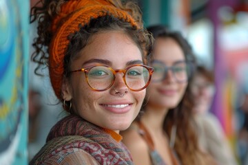 A young caucasian woman, smiling at the camera, wears a beanie and a brown-orange winter coat, enjoying a happy moment indoors with her friend.