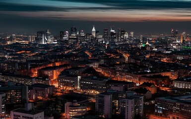 Panorama view of city business district at night time.