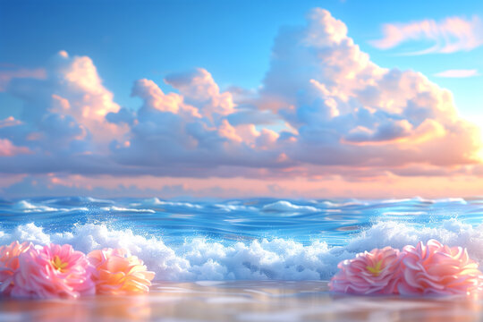 A beautiful beach scene with a blue sky and pink flowers on the sand. The flowers are in the water and the waves are crashing