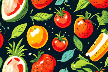 Wall Mural - This vibrant vector pattern features a delightful array of summertime favorites like watermelon slices, juicy pineapples, refreshing popsicles, and other picnic treats.