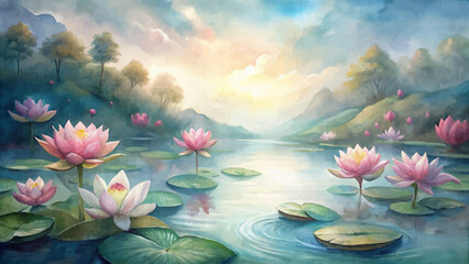 Poster - Tranquil lotus flower watercolor background