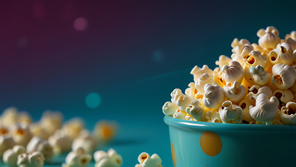 Magical depiction of popcorn floating around the bowl with a fascinating bokeh background 