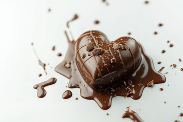 A melting chocolate heart for Valentine’s Day on a white background