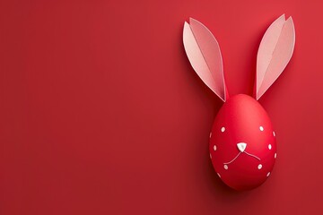 Red Easter egg with paper bunny ears on red background, holiday concept. copy space, Generative ai